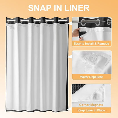 River Dream No Hook Cotton Blend Shower Curtain with Snap in Liner, Hotel Grade Shower Curtains for Bathroom, Water Repellent, Black, 71" Wx74 L