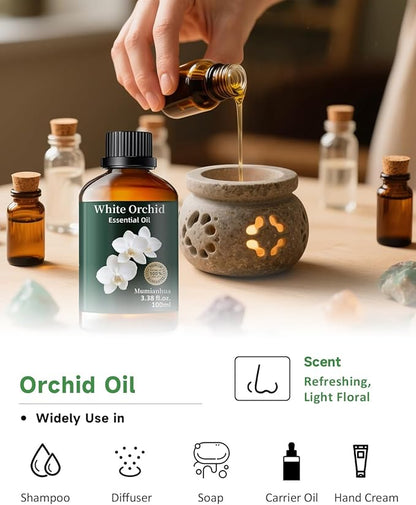 Mumianhua White Orchid Essential Oil Pure - Therapeutic Grade Aromatherapy Oil for Skin Care, Diffuser & Candle Making 100ml 3.38 Oz w/Dropper