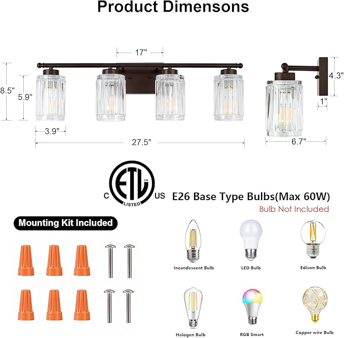 4 Light Bathroom Light Fixtures Modern ORB 28 Inch Vanity Lights for Bathroom Lighting Fixtures Over Mirror with Thickened Glass Shade for Cabinet Mirror Bedroom Hallway