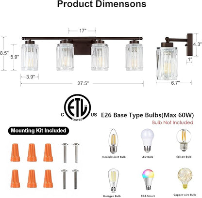 4 Light Bathroom Light Fixtures Modern ORB 28 Inch Vanity Lights for Bathroom Lighting Fixtures Over Mirror with Thickened Glass Shade for Cabinet Mirror Bedroom Hallway