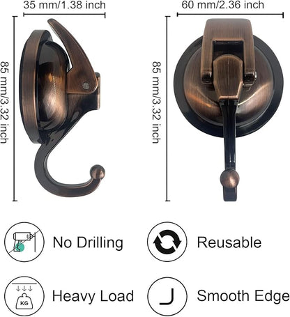 Heavy Duty Vacuum Suction Shower Hooks - Glass Suction Cup Hooks, Bathroom Robe Hooks - Reusable, No Hole Punched - Antique Brass, 4 Pack