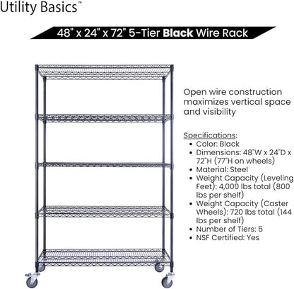 NSF Commercial 5-Tier Wire Shelving with Wheels, 48"x24"x72" Heavy Duty Metal Shelves 4000 lbs Max Capacity, Black Storage Rack for Garage Kitchen Pantry Warehouse