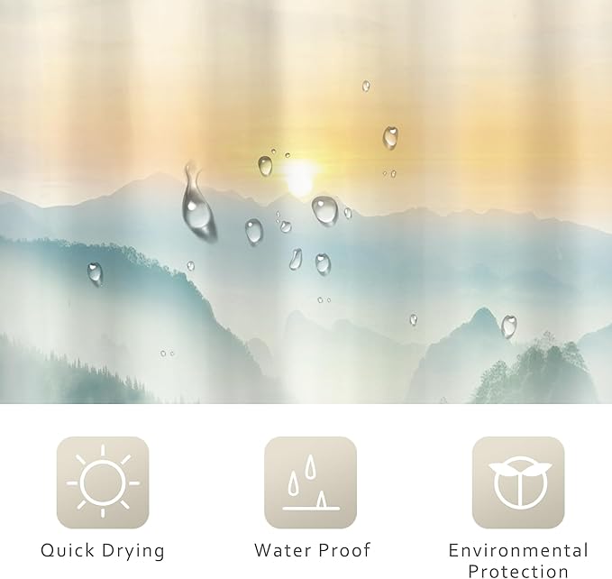 Riyidecor Small Stall Mountain Shower Curtain 36Wx72H Inch RV Narrow Green Yellow Sunset Sunrise Scenery Greenery View Landscape Woodland Bathroom Decor Fabric Polyester Waterproof 7 Pack Hooks