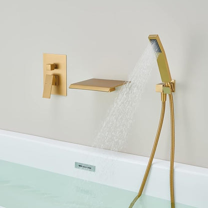 Wall Mount Tub Filler Waterfall Tub Faucet Brushed Gold Bathtub Faucet Brass Single Handle Bathroom Faucet with Hand Shower