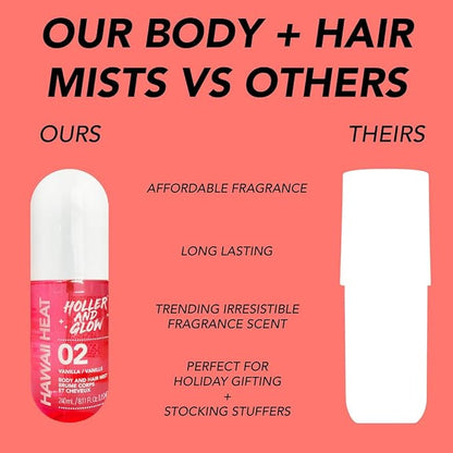 Holler And Glow Hawaii Heat Body & Hair Mist, Warm Vanilla, Peony & Amber Scent, Long-Lasting Daily Fragrance, Lightweight, Vegan, Cruelty-Free, Alcohol-Free, Hydrating Hair Perfume, 8.11 Fl Oz
