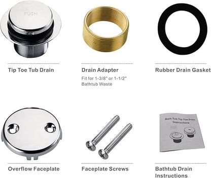Chrome Tip Toe Bathtub Tub Drain Conversion Kit Assembly, Wellup Tub Drain Trim Kit with Two Hole Overflow Faceplate, Chrome Polished