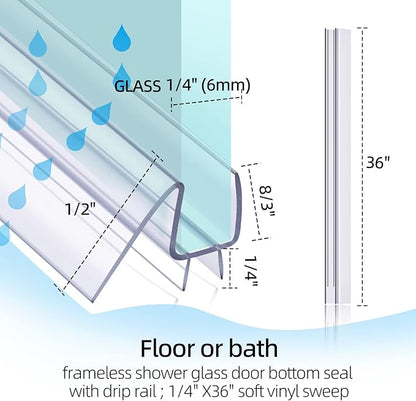POZIA Shower Door Bottom Seal Frameless Glass Shower Door Seal Strip Clear Vinyl Durable Stop Shower Leaks and Create a Water Barrier Ultra Clear (1PACK-1/4in)