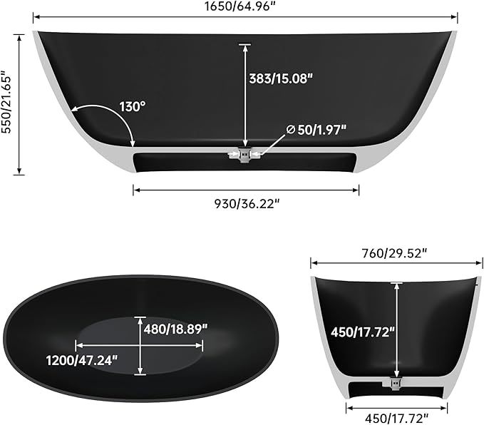65" Premium Matte Black Solid Surface Freestanding Bath Tub, Oval Stone Resin Tub with Overflow and Pop-up Drain