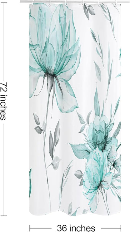 Small Stall Boho Watercolor Floral Shower Curtain 36 x 72, Teal Blue and Grey Ink Painting Style Flower Shower Curtains for Chic Elegant Bathroom, Artistic Narrow Half Size Shower Curtain