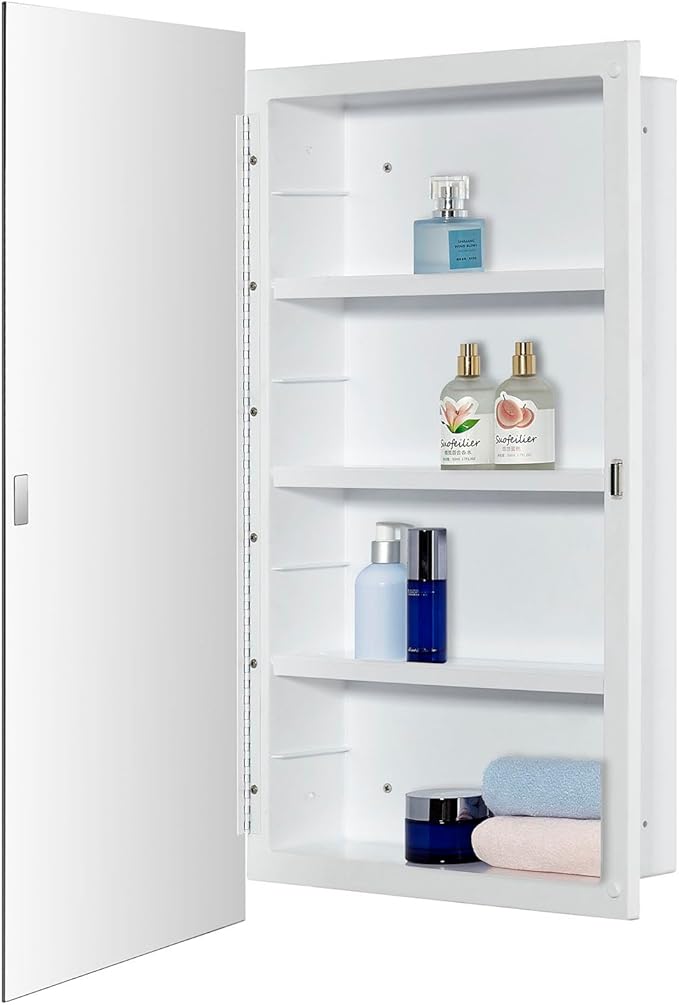 Plastic Medicine Mirror Cabinet for Bathroom 16 x 28 inch, Recessed and Surface Mount