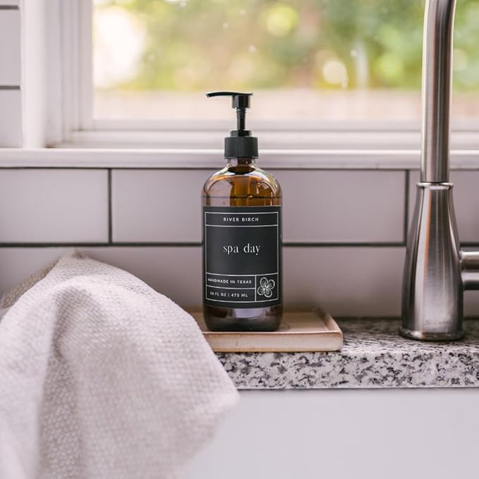 River Birch Spa Day Scented Natural Hand Soap - Handmade Soap - Moisturizing Hand Wash with Amber Glass Dispenser - Luxury Scented Hydrating Hand Soap - Vegan and Non-Toxic - 16 Fl Oz
