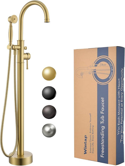 Free Standing Tub Faucet, Wintap Classic Freestanding Bathtub Faucet with Sprayer Brass Elegant Floor Mount Bath Faucets High Flow Roman Tub Filler, Brushed Gold （WT-3311BG）