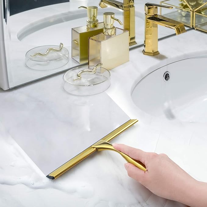 HIWARE All-Purpose Shower Squeegee for Shower Doors, Bathroom, Window and Car Glass - Brass, Stainless Steel, 12 Inches