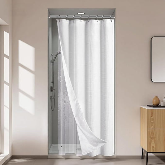 River Dream Stall Waffle 3 in 1 Shower Curtain Set, White Fabric Shower Curtain and Clear Liner Set, with Double Sided Hooks, Waterproof, 36" W*72" H