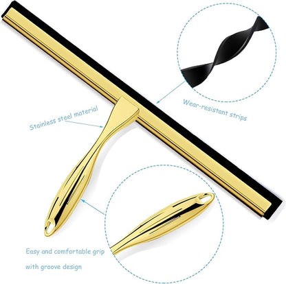 Shower Squeegee for Glass Doors, 14 Inches Bathroom Squeegee with Spare Silicone Blade, Shower Door Hook and Adhesive Hook, Stainless Steel Bathroom Squeegee for Mirror Window (14in-Gold-1 Pack)