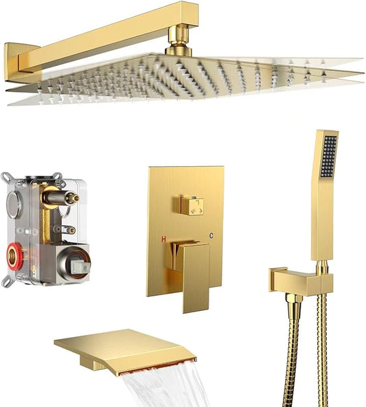 Shower System Rain Shower Faucet Set with Tub Spout,10 inch Bathroom Wall Mounted Waterfall Bathtub Faucet with Handheld Spray and Rough-in Valve Body and Trim kit,Brushed Gold