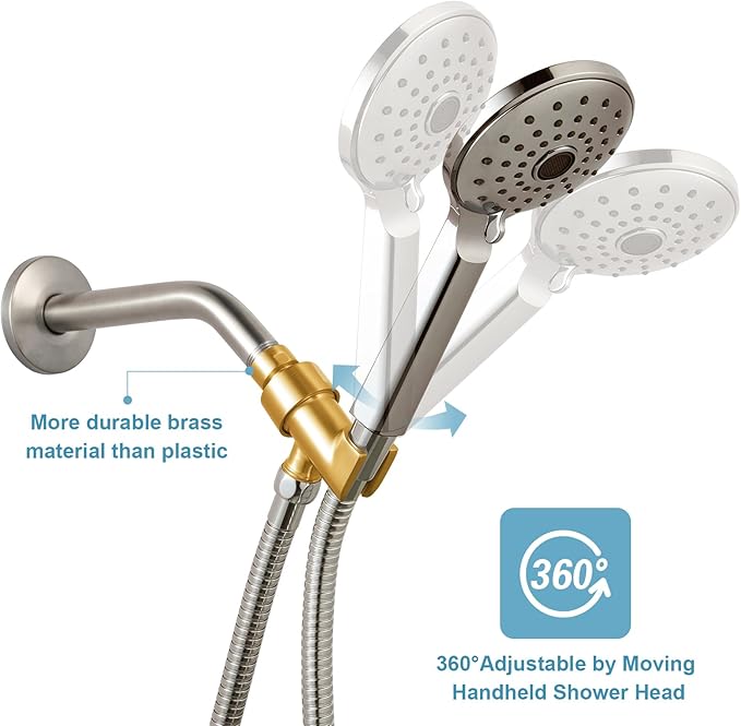 OFFO Shower Head Holder All Metal for Handheld Shower Head, Brushed Nickel Adjustable Shower Arm Mount with Solid Brass Pivot Ball, 1/2 in IPS Female Inlet and Male Outlet