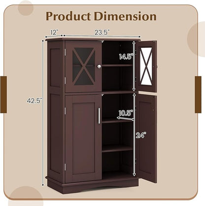 Tangkula Freestanding Floor Cabinet w/2 Glass Doors, 3-Level Adjustable Shelves, Anti-toppling Design, Kitchen Pantry Cupboard for Bathroom, Living Room (Brown)