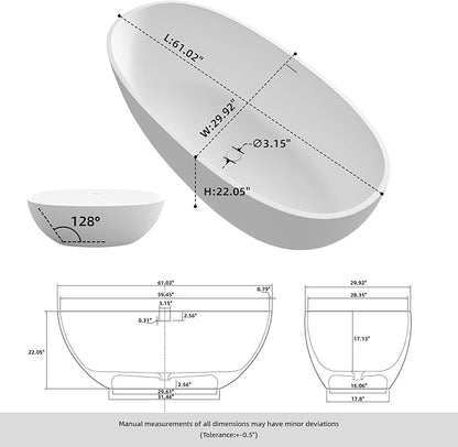 61'' Resin Stone Soaking Bathtub Oval Solid Surface Freestanding Soaking Bathtubs Matte White Soaking Tub with Overflow and Pop up Drain - White…