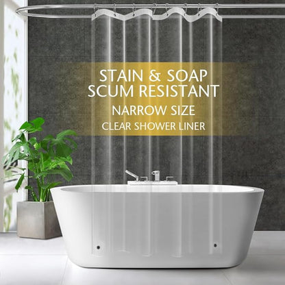 Narrow Size Clear Plastic Shower Curtain Liner, 48x72 Inch Thin Lightweight Transparent Plastic Bathroom Shower Showroom Inner Curtain with Rustproof Metal Grommet Holes and Weighted Magnets