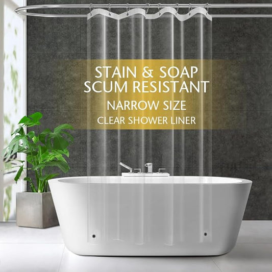 Narrow Size Clear Plastic Shower Curtain Liner, 48x72 Inch Thin Lightweight Transparent Plastic Bathroom Shower Showroom Inner Curtain with Rustproof Metal Grommet Holes and Weighted Magnets