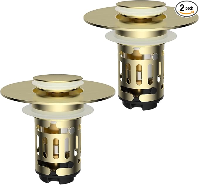 Hibbent 2 Pack Upgraded 3 in 1 Bathroom Sink Drain Strainer, Universal Pop Up Stopper with Removable Stainless Steel Filter Basket Hair Catcher, Sink Plug for 1.1''~2.36'' Basin, Brushed Gold