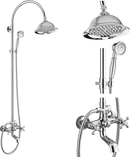 gotonovo Bathroom Classic Exposed Shower Faucet Wall Mount Shower System 8 Inch Luxurious Rainfall Shower Head Set with Tub Spout and Handheld Spray Double Cross Handles Polished Chrome