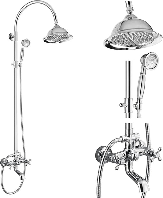gotonovo Bathroom Classic Exposed Shower Faucet Wall Mount Shower System 8 Inch Luxurious Rainfall Shower Head Set with Tub Spout and Handheld Spray Double Cross Handles Polished Chrome