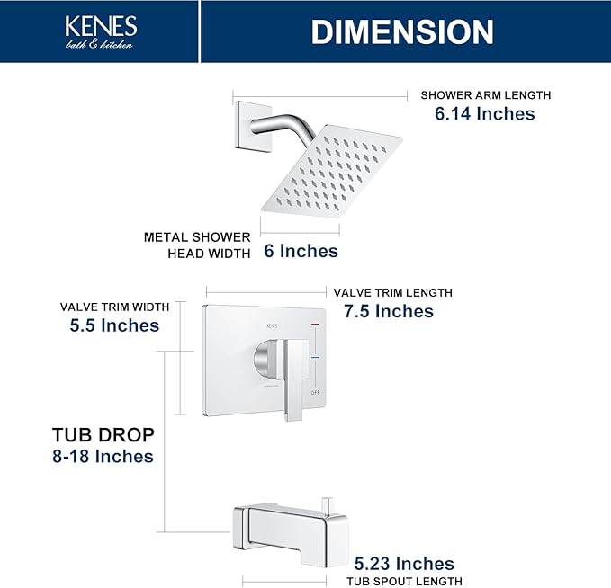 KENES Chrome Tub and Shower Trim Kit, Square Tub Shower Faucet Set Complete with 6-Inch Rainfall Shower Head and Tub Spout, KE-6025A-5 (Shower Valve Included)