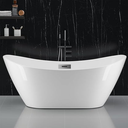 59 Inch Acrylic Freestanding Bathtub, Soaking Bathtub with Matte Drain and Overflow, Modern Square Tub with Deep Ergonomic Design, Double-Walled Insulation for Bathroom Relaxation, cUPC Certified