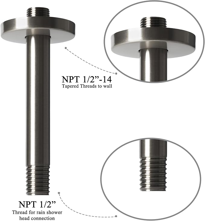 8 Inch Shower Arm with Flange, Ceiling Mounted Shower Head Extension Arm, 1/2 NPT Straight Arm for Rain Shower Head, Stainless Steel Shower Head Extension Replacement Pipe Arm, Brushed Nickel
