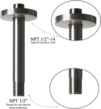 8 Inch Shower Arm with Flange, Ceiling Mounted Shower Head Extension Arm, 1/2 NPT Straight Arm for Rain Shower Head, Stainless Steel Shower Head Extension Replacement Pipe Arm, Brushed Nickel