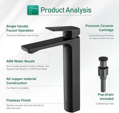 VOTON Vessel Sink Faucet Matte Black Tall Bathroom Faucet Single Handle Vanity Bathroom Sink Faucet 1 Hole Basin Mixer Tap with Water Supply Hose and Pop Up Sink Drain