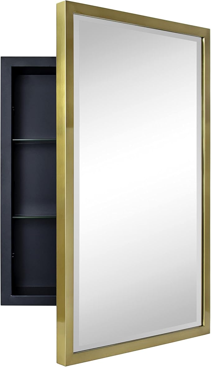 TEHOME Gold Metal Framed Recessed Bathroom Medicine Cabinet with Mirror Rectangle Tilting Beveled Vanity Mirrors for Wall 16 x 24 inches