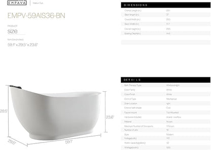 Empava Update Acrylic Whirlpool Bathtub, 59 Inch Acrylic Freestanding Jetted Tub, Hydromassage Gracefully Oval Shaped with 16 Hydromassage Jets with Lumbar and Neck Support, Black Pillow, No faucet