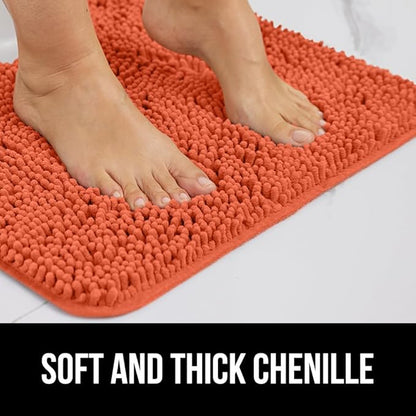 GORILLA GRIP Plush Absorbent Shaggy Chenille Bath Rug Mat for Square Toilet Base with Rubber Backing, Machine Washable Rugs, Soft Microfiber Contour Mats for Toilets, Bathroom Decor, Coral