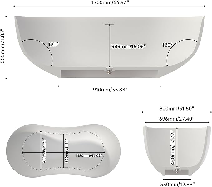 67 Inch Stone Resin Freestanding Bathtub, Contemporary Peanut Oval Stand Alone Soaking Tubs, Solid Surface Bathtub with Drain & Integrated Slotted Overflow Matte White AM331-1700