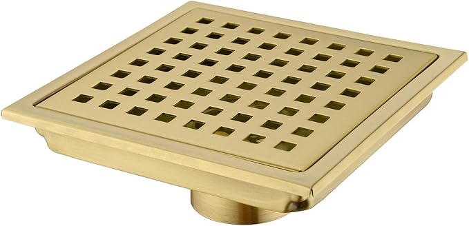 6 Inch Square Shower Drain with Adjustable Shower Drain Base Flange, SUS 304 Stainless Steel Floor Drain with Removable Cover Grid Grate, Brushed Gold Brass Finished