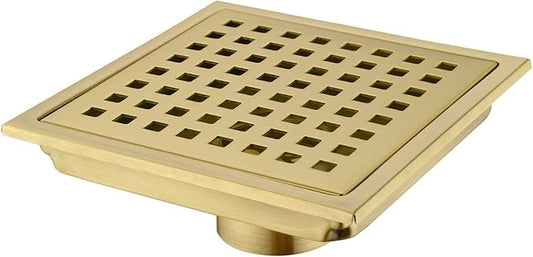 Square Shower Floor Drain with Removable Cover Grid Grate 6 inch Long, SUS 304 Stainless Steel Brushed Gold Brass Finished