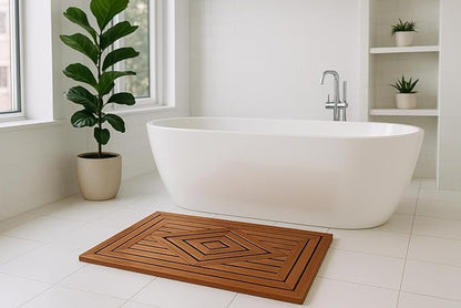 Designer Teak Shower Mat Large 31.5 X 19.5 Naturally Water-Resistant with Teak Oil Finish for Bathroom, Bath, Pool, Spa, Boat, Sauna, Patio, RV, Front Door from Our Diamond Collection