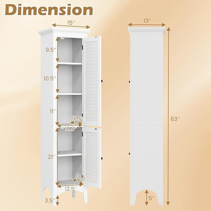Tangkula 63" Tall Bathroom Storage Cabinet, Freestanding Narrow Linen Tower with Adjustable Shelf, Modern Slim Floor Cabinet with 2 Doors for Bathroom, Living Room, Kitchen (White)