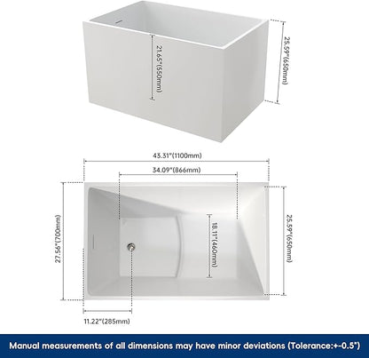 43" Acrylic Freestanding Bathtubs, Stand Alone Tub, Japanese Soaking Tub for Bathroom, Integrated Overflow and Drain, cUPC Certified, Gloss White