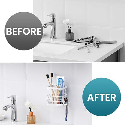 TAILI Patented Suction Cup Toothbrush Holder, Stainless Steel Anti-Puddling Toothbrush Shower Holder, No Drilling Removable Organizer for Bathroom Toothpaste, Razor, Kitchen and Office Items, White