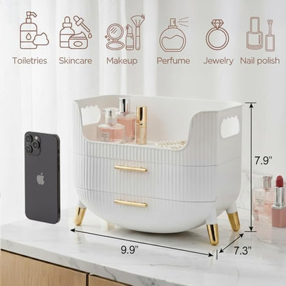 Makeup Organizer with Drawers, Skincare Storage Box for Vanity, Multiple Compartments, Portable Cosmetic Display Case with Handle, Large Make up Organizers for Dresser, Bathroom, Bedroom, Pink