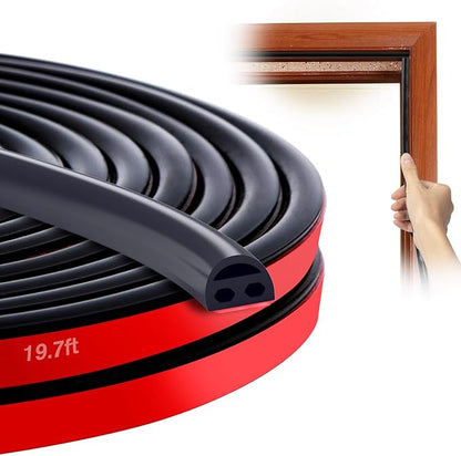 Silicone Weather Stripping - 19.7 Feet Door Seal for Soundproofing, Self-Adhesive Backing, Abrasion Resistant, for Doors & Windows (Black)