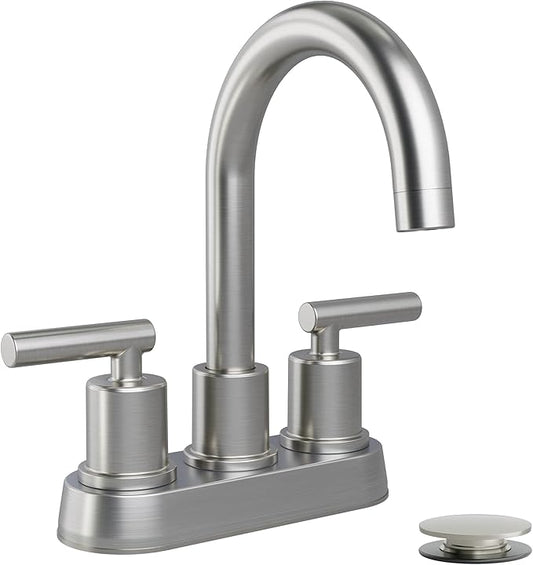 VXV Bathroom Sink Faucet 4 Inch 2 Handle Centerset Modern 360 Rotating Brushed Nickel Water Faucet with Pop-up Drain Stopper Assembly Supply Line Fits 2 Hole