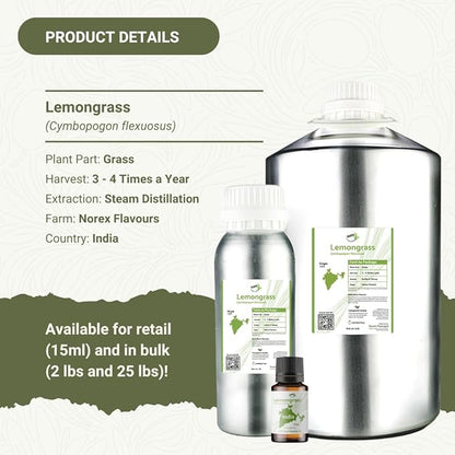 Lemongrass Essential Oil - Natural Aceite de Hierba Limón from Norex Flavours India - Lemongrass Essential Oils for Hair, Aromatherapy and Massage (8oz)