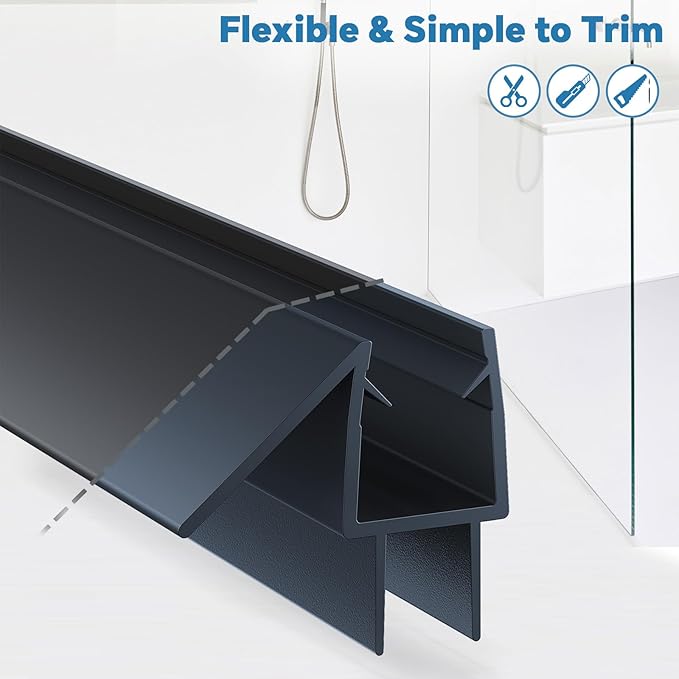 Shower Door Bottom Seal Strip, 2PCS Seal Strip, Clear PVC, 36" Length, Fits 10mm Thick Glass, Prevents Leaks, Easy Installation, No Adhesive Required (Black, 39in for 3/8"(10mm) Door)