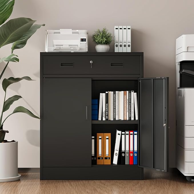 Metal Storage Cabinet, 36 Inch Tall Metal Storage Cabinet with Doors and Shelves, Pantry Cabinets with Drawer for Kitchen Storage, Garage Cabinet for Living, Dining Room, Assemble Required.
