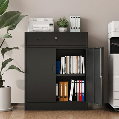 Metal Storage Cabinet, 36 Inch Tall Metal Storage Cabinet with Doors and Shelves, Pantry Cabinets with Drawer for Kitchen Storage, Garage Cabinet for Living, Dining Room, Assemble Required.